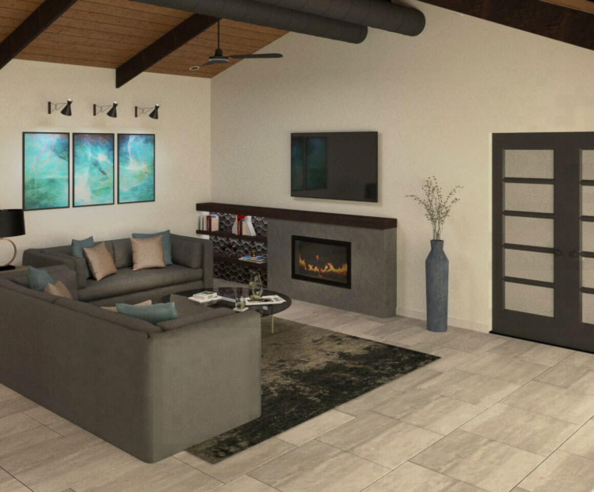 A modern living room with a neutral color palette, featuring a gray sofa, a fireplace, a coffee table, a rug, and contemporary decor.
