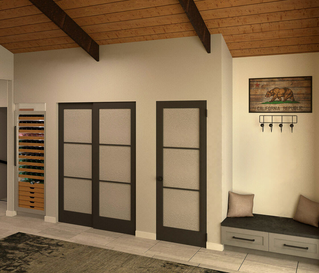 The image shows an interior space with a wooden floor, a bench, a wall-mounted sign, and a large window with closed blinds.