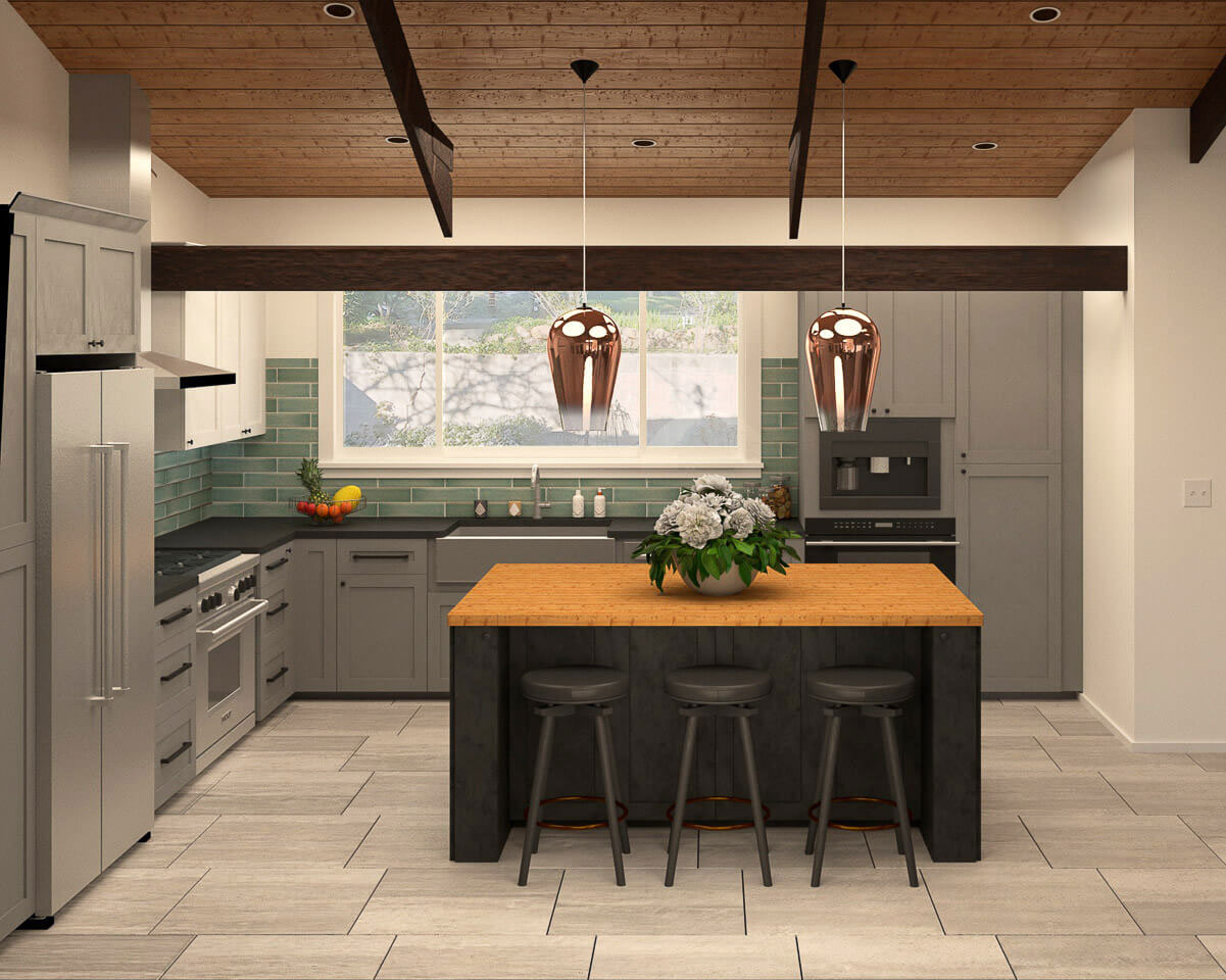 The image shows a modern kitchen interior with a center island, wooden flooring, and contemporary appliances.