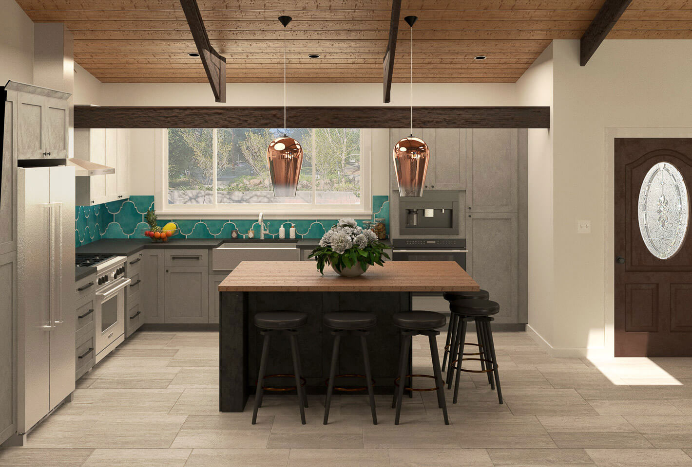 The image depicts a modern kitchen interior with a gray color scheme, featuring stainless steel appliances, a large island with a sink, a tile backsplash, pendant lighting over the island, and a dining table surrounded by chairs.