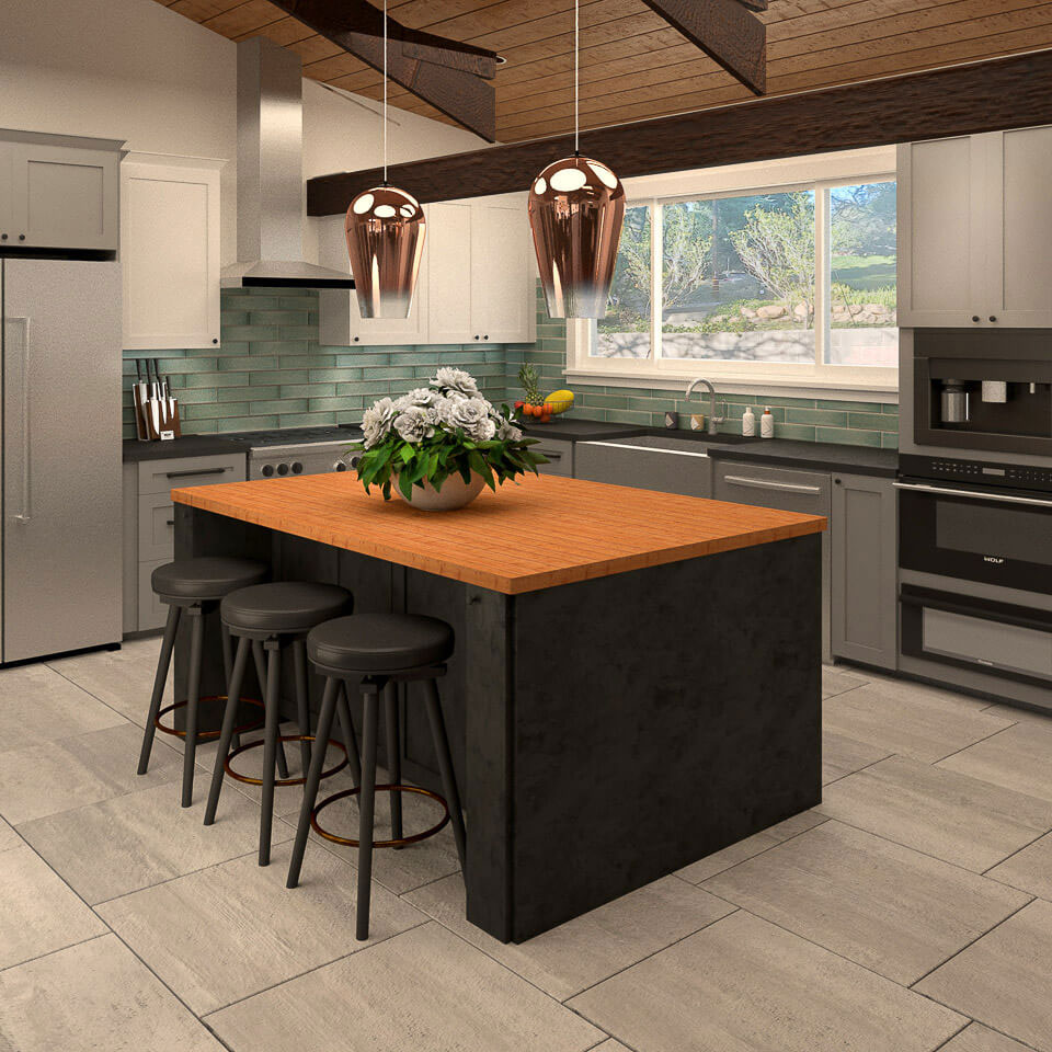 The image depicts a modern kitchen with a dark countertop, stools, a center island, wooden flooring, and contemporary appliances.