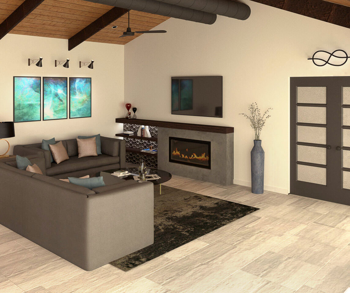 The image shows a modern living room interior with a neutral color palette, featuring a gray sofa, a fireplace, a coffee table, a rug, wall art, and a wooden ceiling beam.