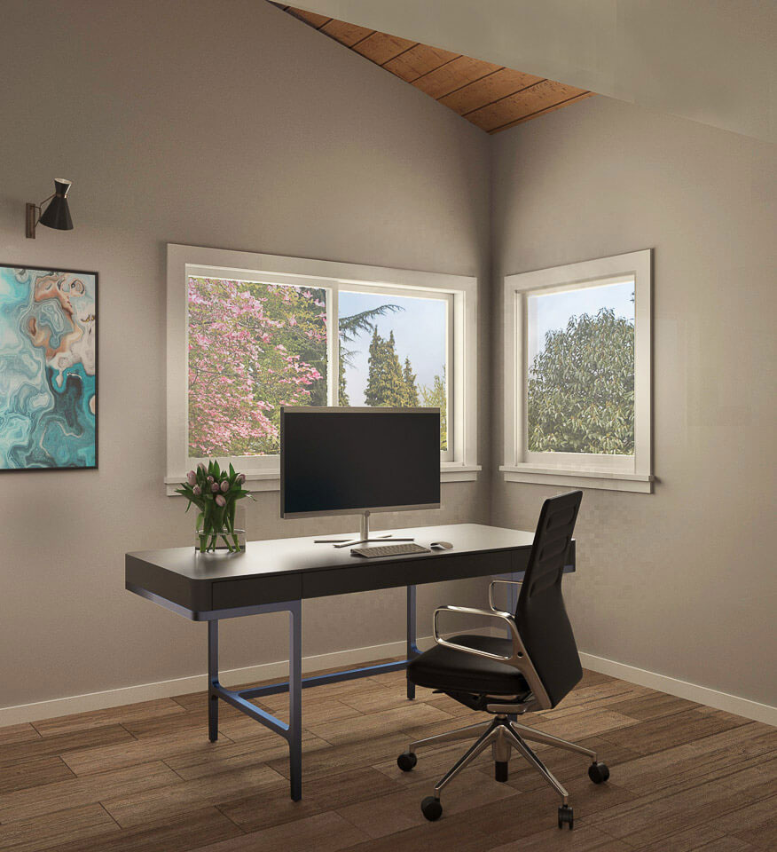 A modern office room with a desk, chair, computer monitor, keyboard, mouse, and framed artwork on the wall.
