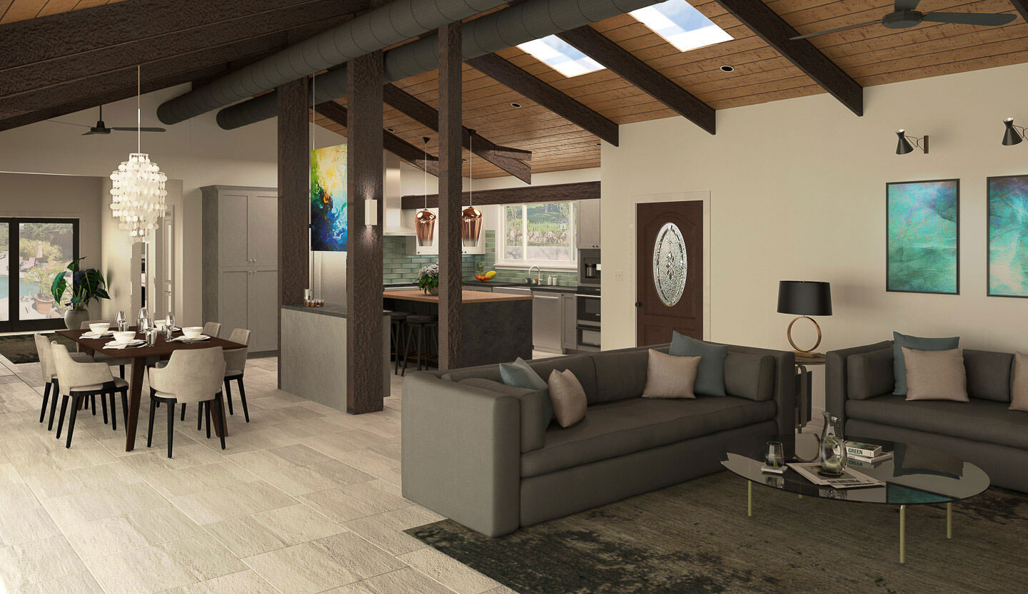 The image shows a modern interior space with an open floor plan, featuring a kitchen, dining area, living room, and a partial view of a bedroom. The design includes neutral tones with a mix of textures and materials, such as tile backsplashes, wood floors, and stone countertops.