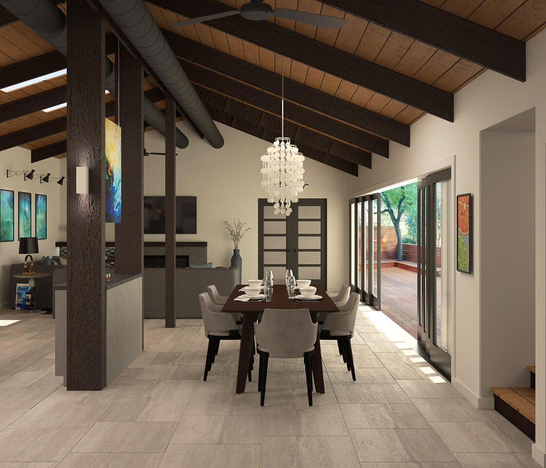 This is a 3D rendering of an open-concept living space with hardwood floors, a modern kitchen area, and a dining table set for four. The room features a high ceiling with exposed beams, a large window letting in natural light, and contemporary furnishings.