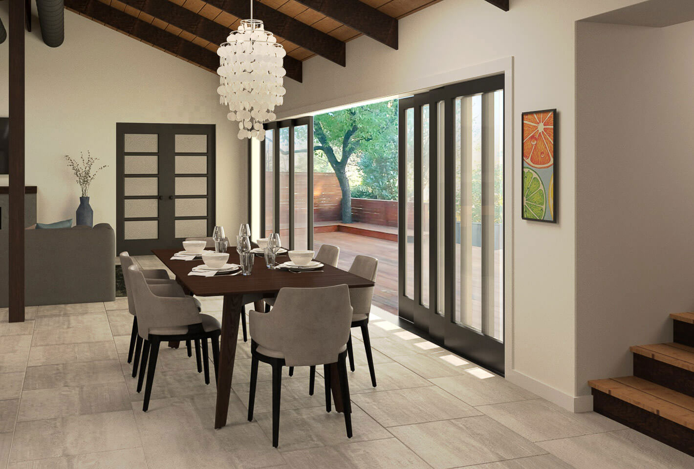 The image depicts a modern interior space with an open floor plan, showcasing a dining area with a table set for four, a kitchen with a barstool, and a living room with a sliding glass door leading outside.