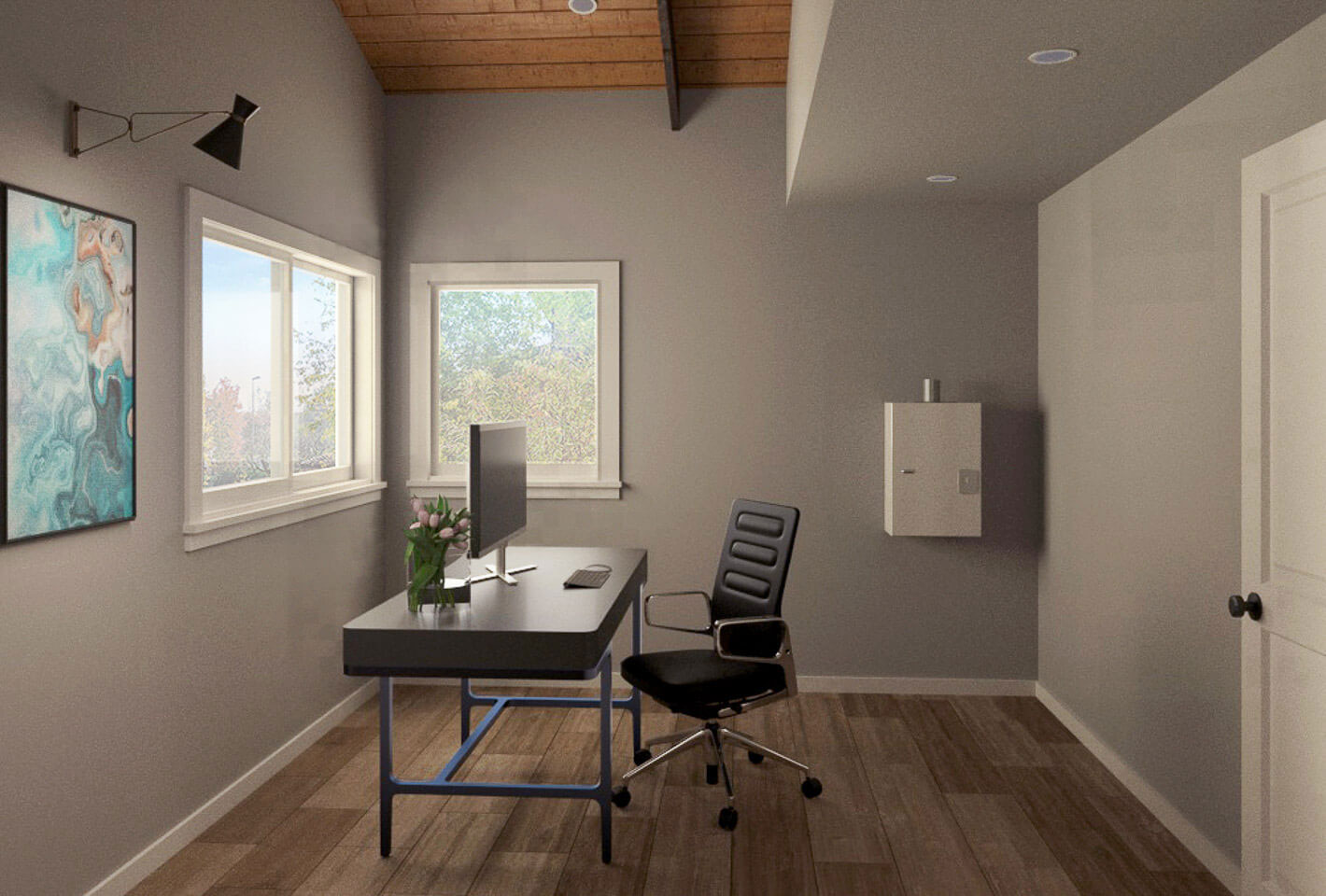 The image depicts a modern office space with a desk, chair, computer monitor, keyboard, mouse, and a window with natural light.