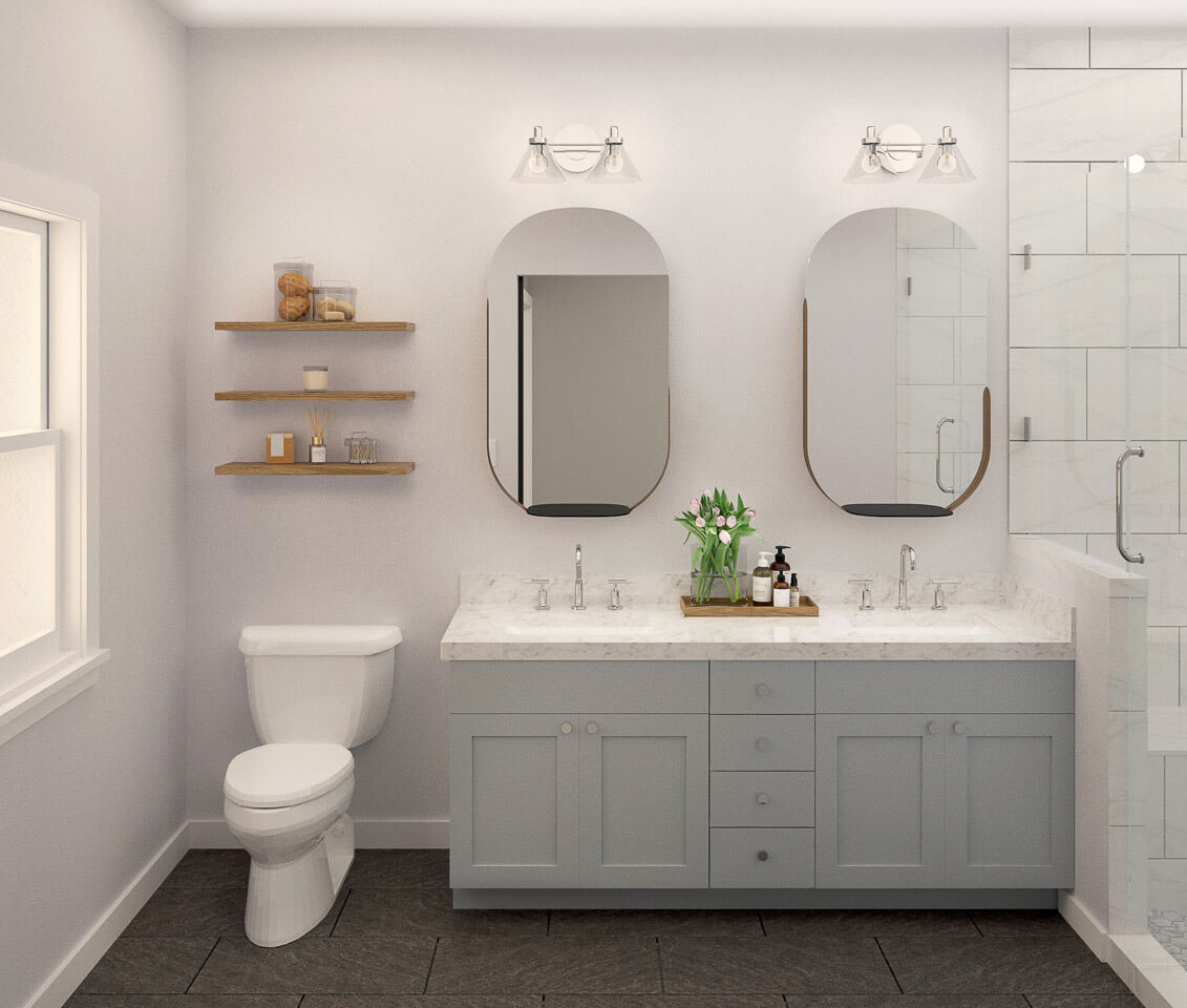 The image depicts a modern bathroom with a double sink vanity, two wall-mounted mirrors, a toilet, a shower, and a white color scheme.
