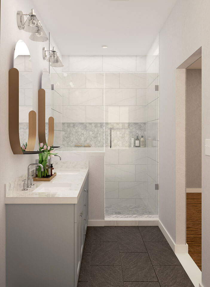 The image shows a modern bathroom interior with a glass shower enclosure, white tiles, a vanity with a sink, a mirror above the sink, a towel rack on the wall, and a small potted plant.