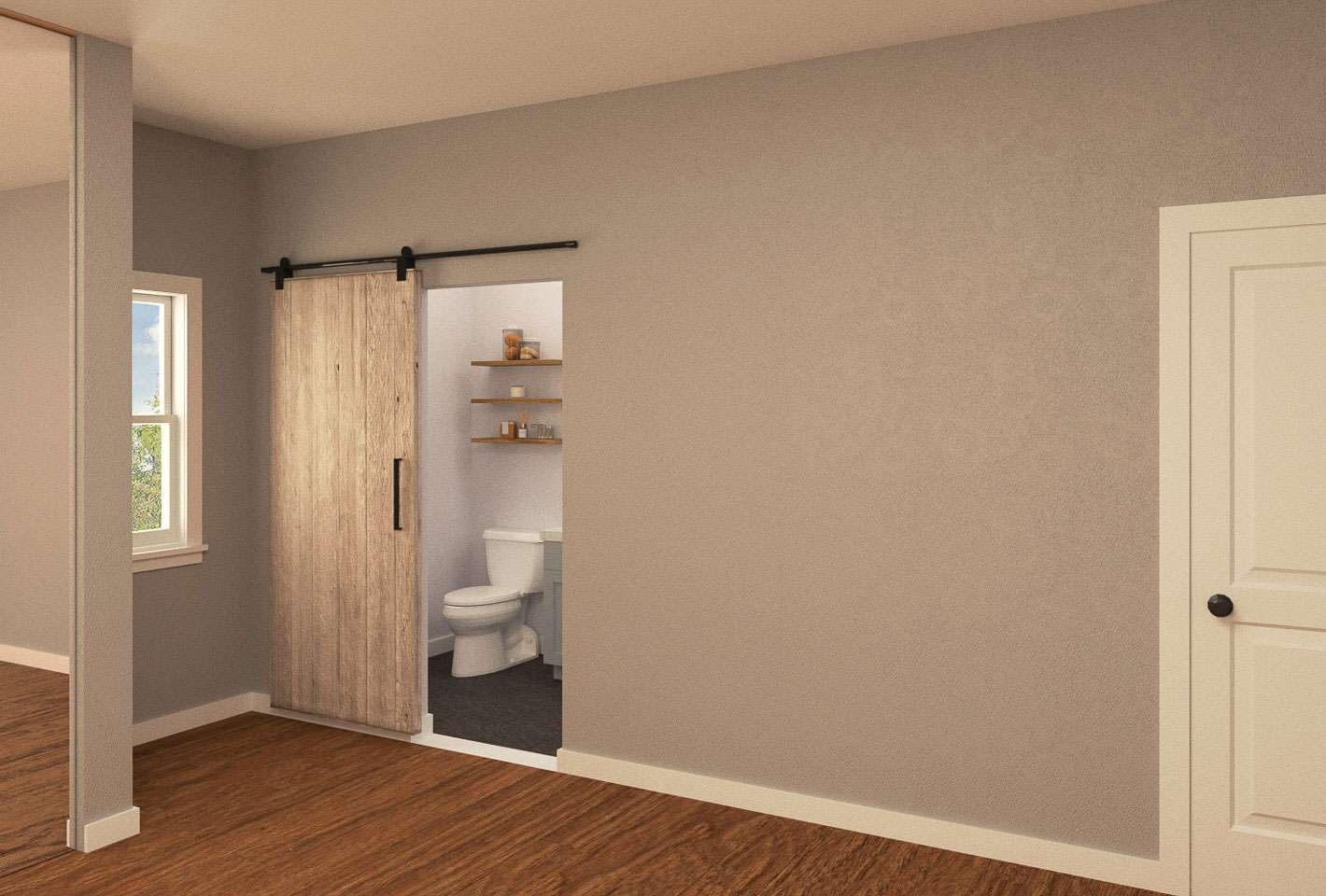 The image shows an interior view of a bathroom with a toilet visible through an open door, adjacent to a room with a wooden floor and a white wall, featuring a gray door and a window.