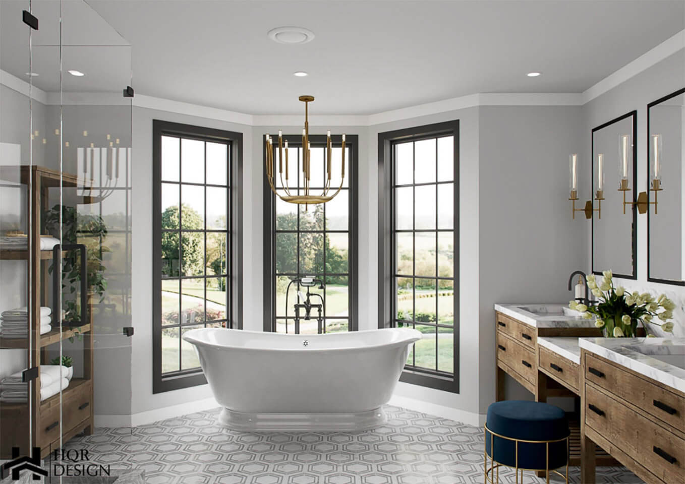 The image shows a modern bathroom interior with a large bathtub, double sinks, and a chandelier, featuring a color palette of neutral tones and dark accents.