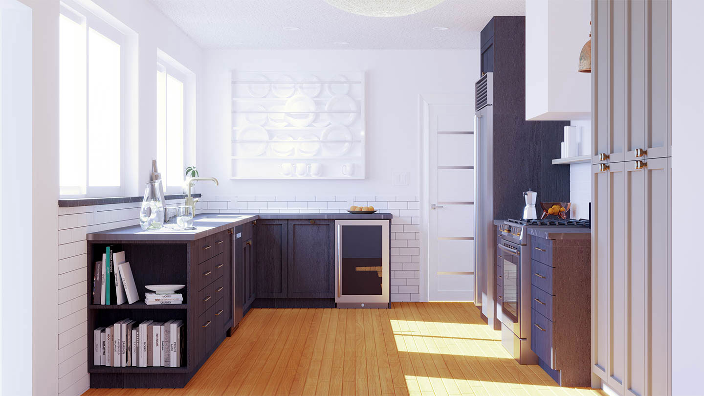 The image depicts a modern kitchen interior with a tiled floor, white cabinets, black countertops, stainless steel appliances, a wooden dining table, and a window with natural light entering the room.