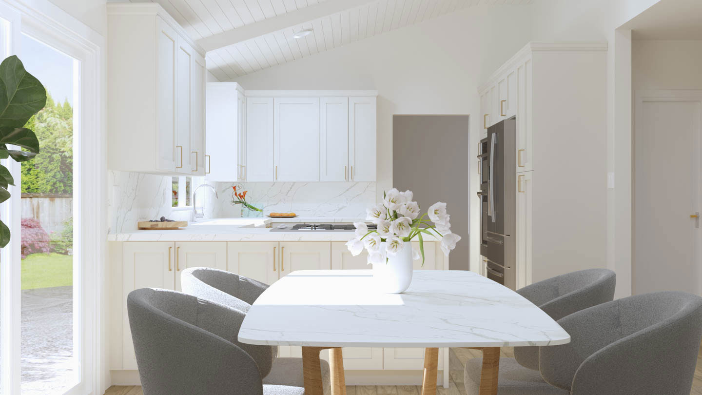 The image shows a modern kitchen with white cabinets, a marble countertop, and a large island in the center. There are two chairs at the island, and a dining table is visible in the background. A sliding glass door leads outside, where we can see a patio area with outdoor furniture.