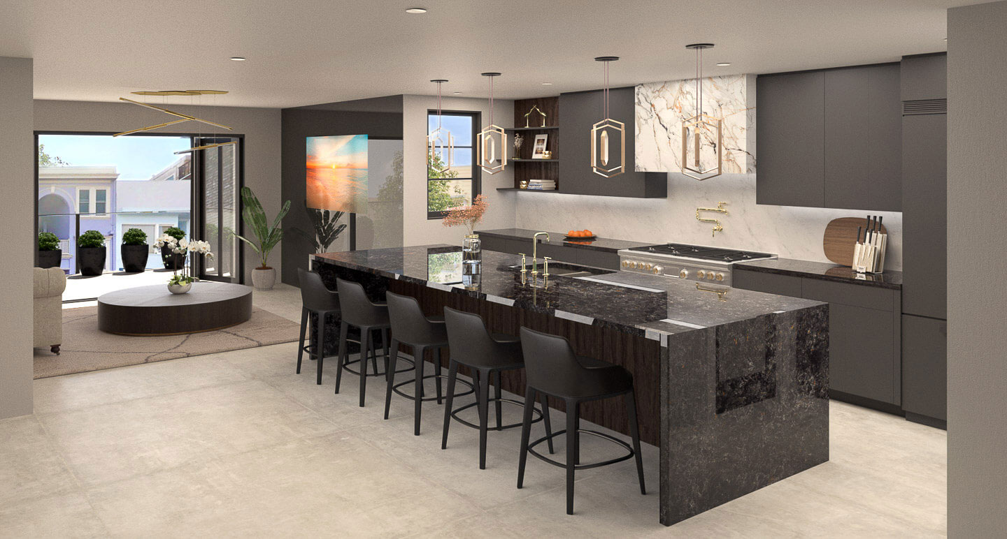 The image displays a modern kitchen interior with sleek cabinetry, a center island with bar stools, a large countertop, and contemporary appliances, featuring a color palette of neutral tones with dark accents.