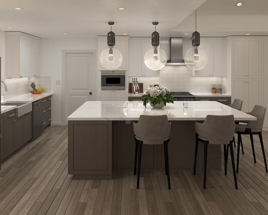 A modern kitchen with white countertops, gray cabinets, stainless steel appliances, and an island with a dark wood finish.