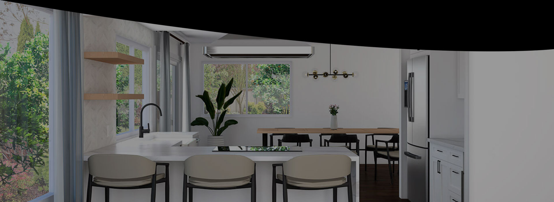 The image shows a modern kitchen interior with white cabinets, a central island with barstools, a sink, and various appliances visible, including a refrigerator and oven.