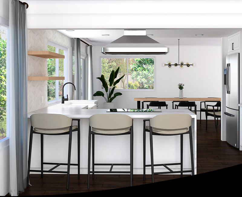 The image depicts a modern kitchen interior with a sleek design featuring a center island, bar stools, a refrigerator, and various appliances.